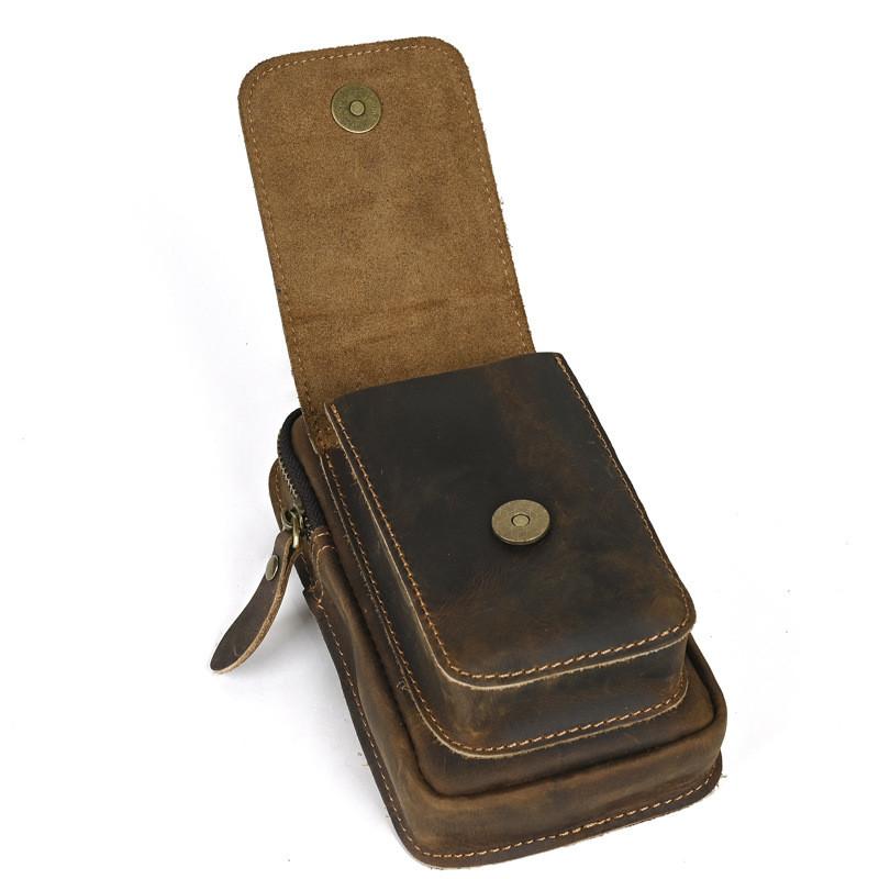 New Men's Genuine Cow Leather Waist Bag Belt-worn Outdoor Multi-compartment Water-repellent Fanny Pack 7-inch Phone Holder for Daily Travel Hiking