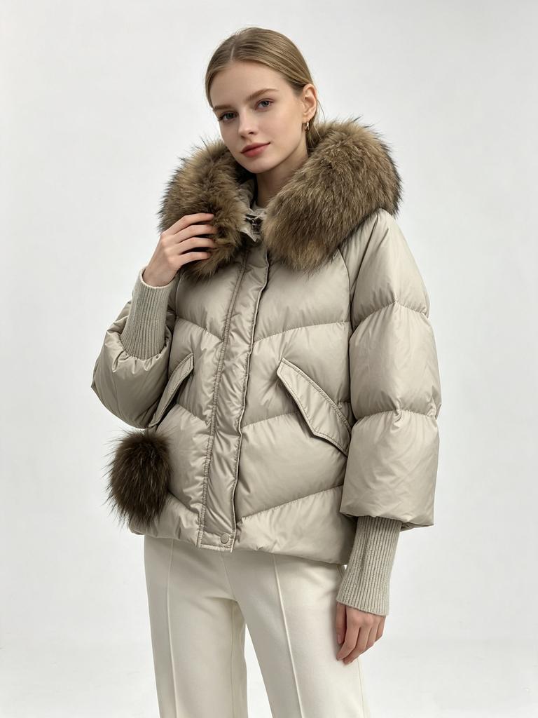 Autumn and winter new Max short hooded big fur collar hairball white duck down jacket fashionable versatile women's coat