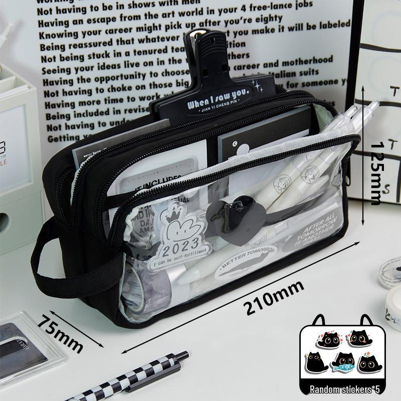 2025 New Little Black Cat Transparent Pencil Case for Girls - Trendy Stationery Box for Elementary, Middle, and High School Students