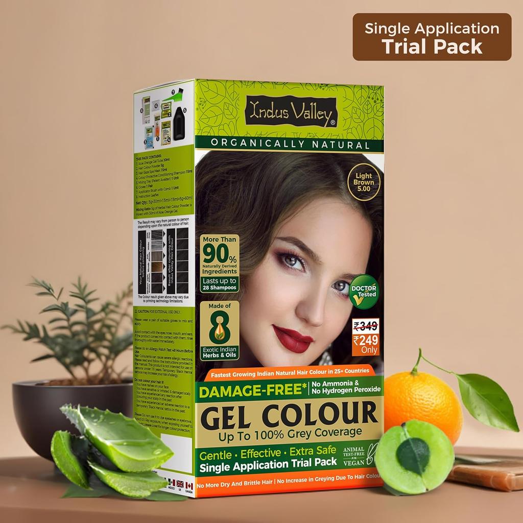 INDUS VALLEY Trial Pack (Light Brown, 65 ml) Natural Gel Hair Colour for Women Ammonia & PPD Free,100% Grey Coverage, Long Lasting Hair Color