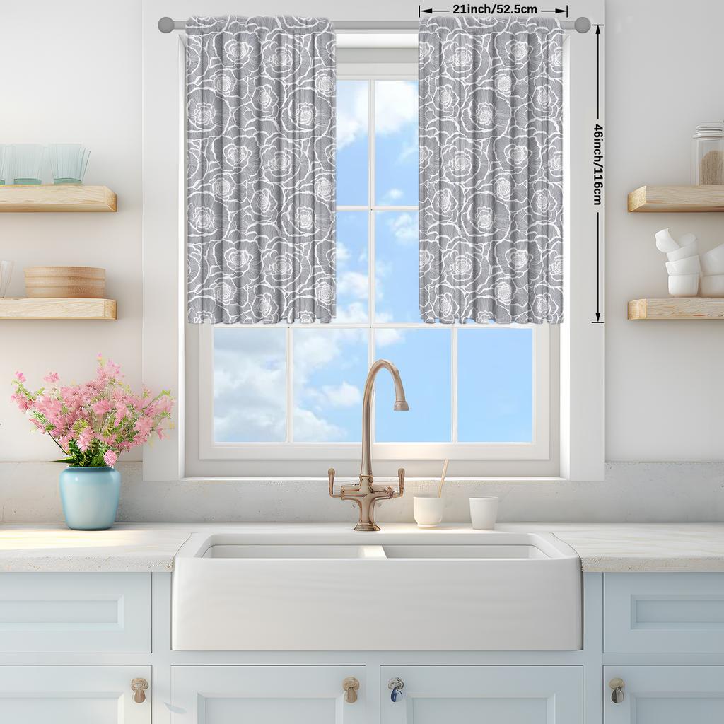 2pcs Grey Rose Pattern Printed Curtain for Home Decor - Rod Pocket Window Treatment for Bedroom, Office, Kitchen, Living Room