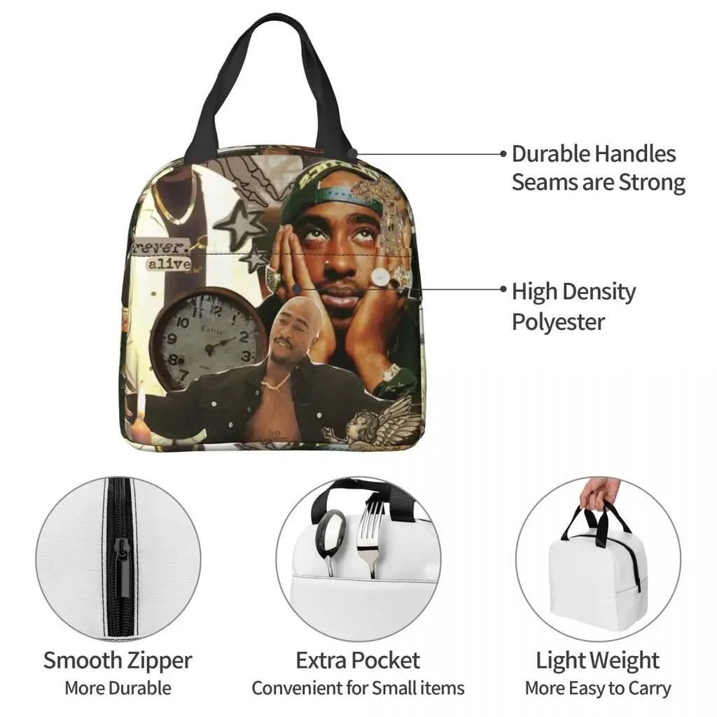Rapper Tupac 2PAC Hip Hop Insulated Lunch Bag for Women Kids Portable Food Boxes Thermal Lunch Box Tote