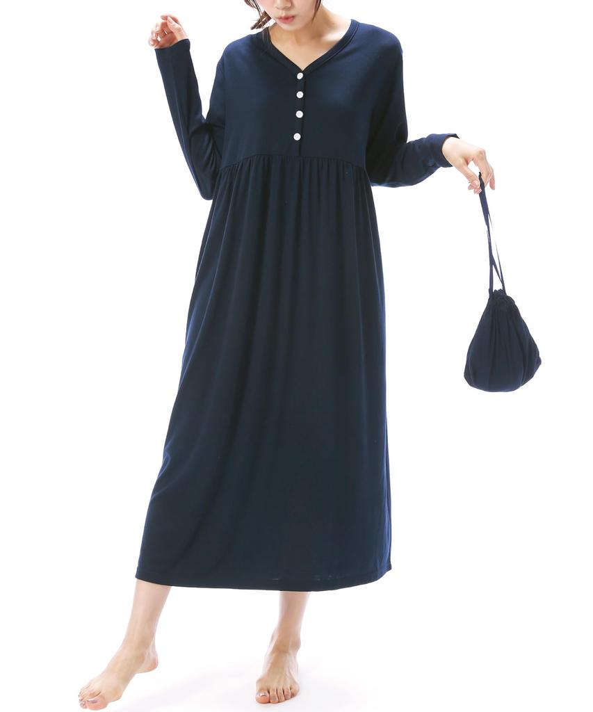 travel long with drawstring stretch long room neg [Nishiki] Women's pajamas, sleeves, bag, material, length, dress, negligee, loungewear,