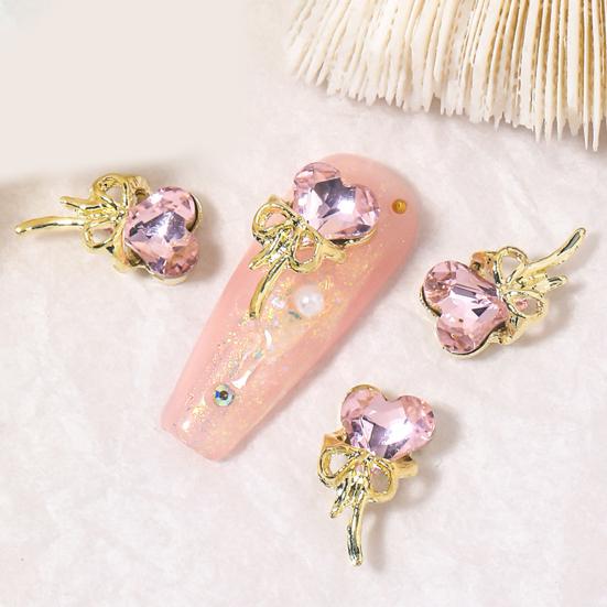 Yousheng 10Pcs/Set Nail Art Charm Golden Bowknot 3D Alloy Luxury Cute DIY Solid Colored Rhinestone Love Heart Nail Decoration Salon Home Use