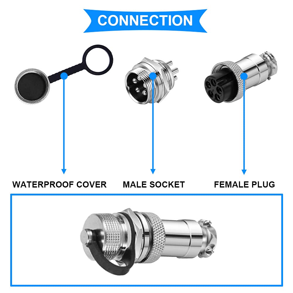 Xiatiaosann 6pcs GX16 5-Pin Aviation Connector MaleFemale Panel Aviation Wire Connector Plug Socket for Power Connection with 6 Waterproof Covers and
