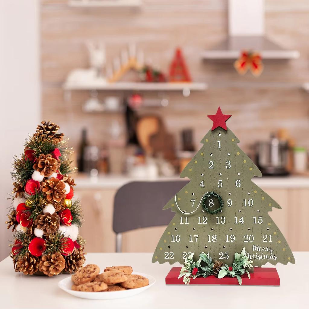 Christmas Countdown Rustic Wooden Advent Calendar Tabletop Vine Wreath Xmas Tree Holiday Decor Christmas Advent Calendar