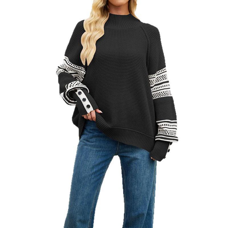 Autumn Winter Women Mock Neck Knitted Sweater Fashion Patchwork Knit Pullovers