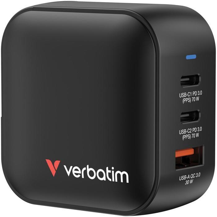 Chargeur GaN - VERBATIM - Mini Chargeur 70W - 3 Ports - Adaptateurs UE et UK