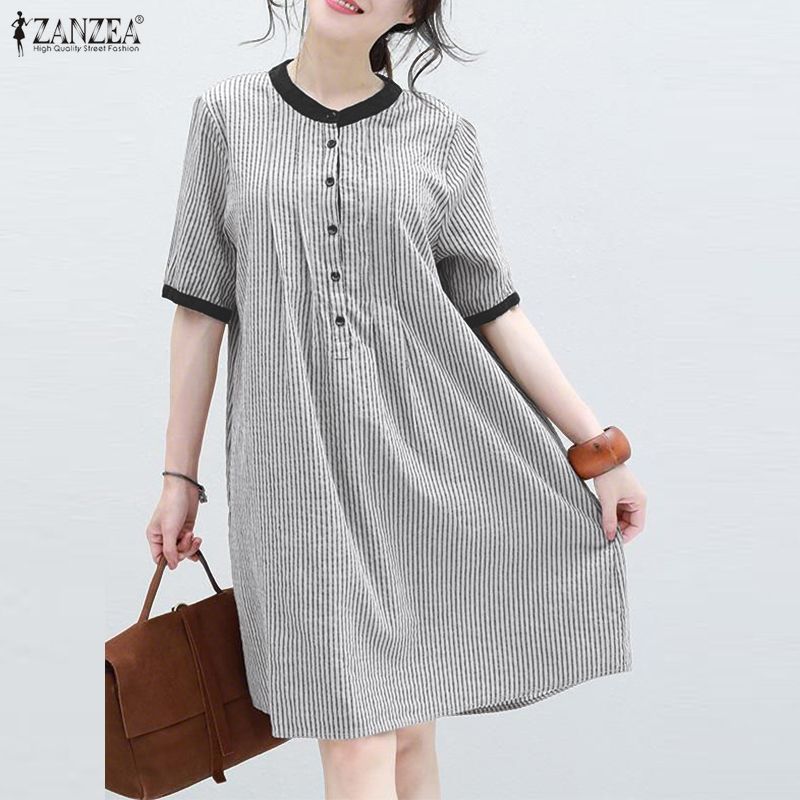 ZANZEA Women Casual Round Neck Summer Half Sleeve Stripe Dress