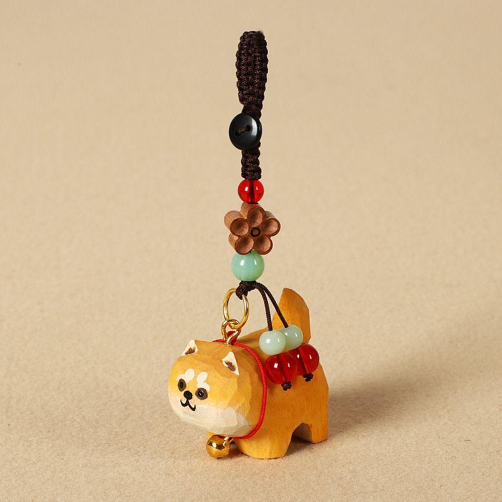 Flower Wooden Carved Dog Keychain Weave Rope Car Keyring Wood Shiba Inu Dolls Pendant  Students