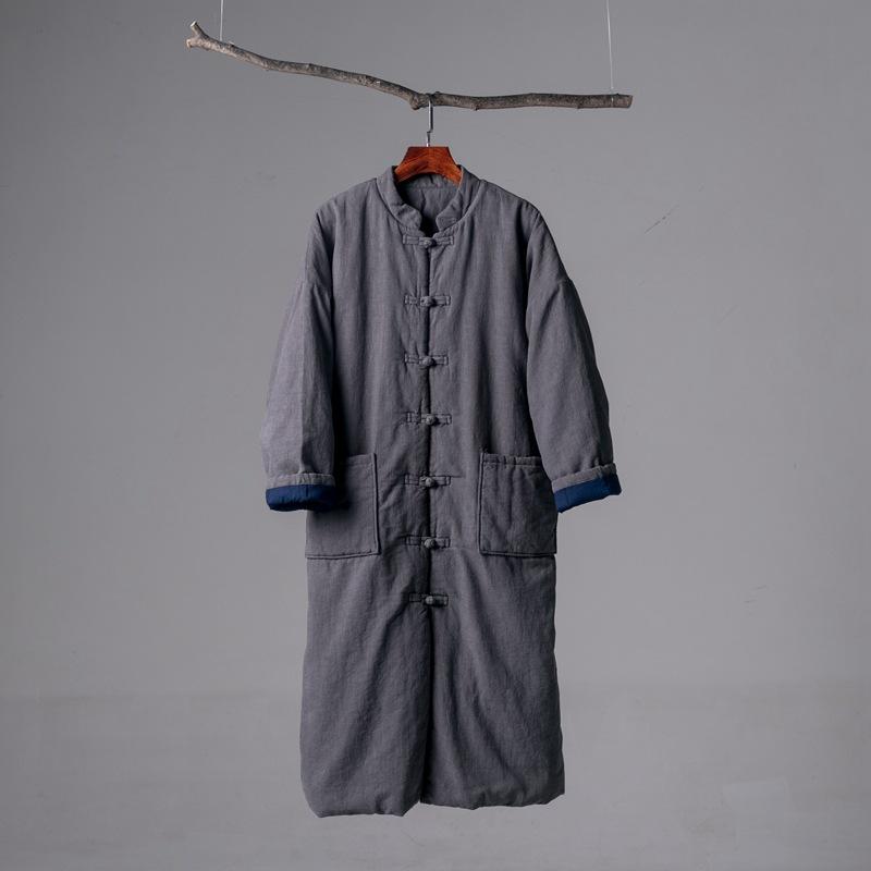 25 Winter New Cotton and Linen Women's Clothing Chinese Retro Sand Wash Stand-up Collar Buckle Ramie Long Cotton Clothes Women's Cotton Clothes