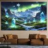 2D Nordlicht Wandteppich, Leuchtende Blaue Kristalle & Winterlandschaft Wandbehang