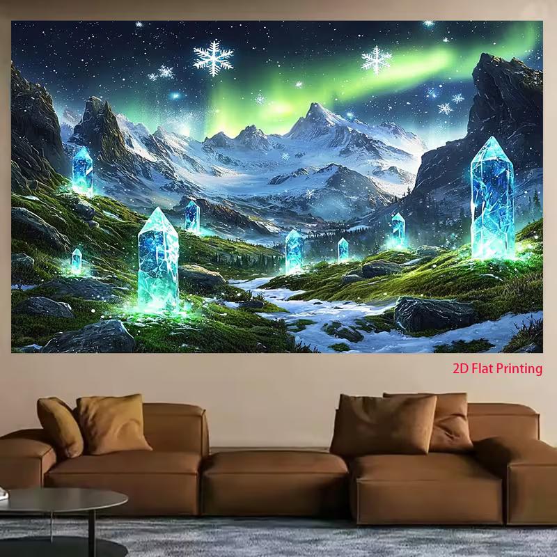 2D Nordlicht Wandteppich, Leuchtende Blaue Kristalle & Winterlandschaft Wandbehang
