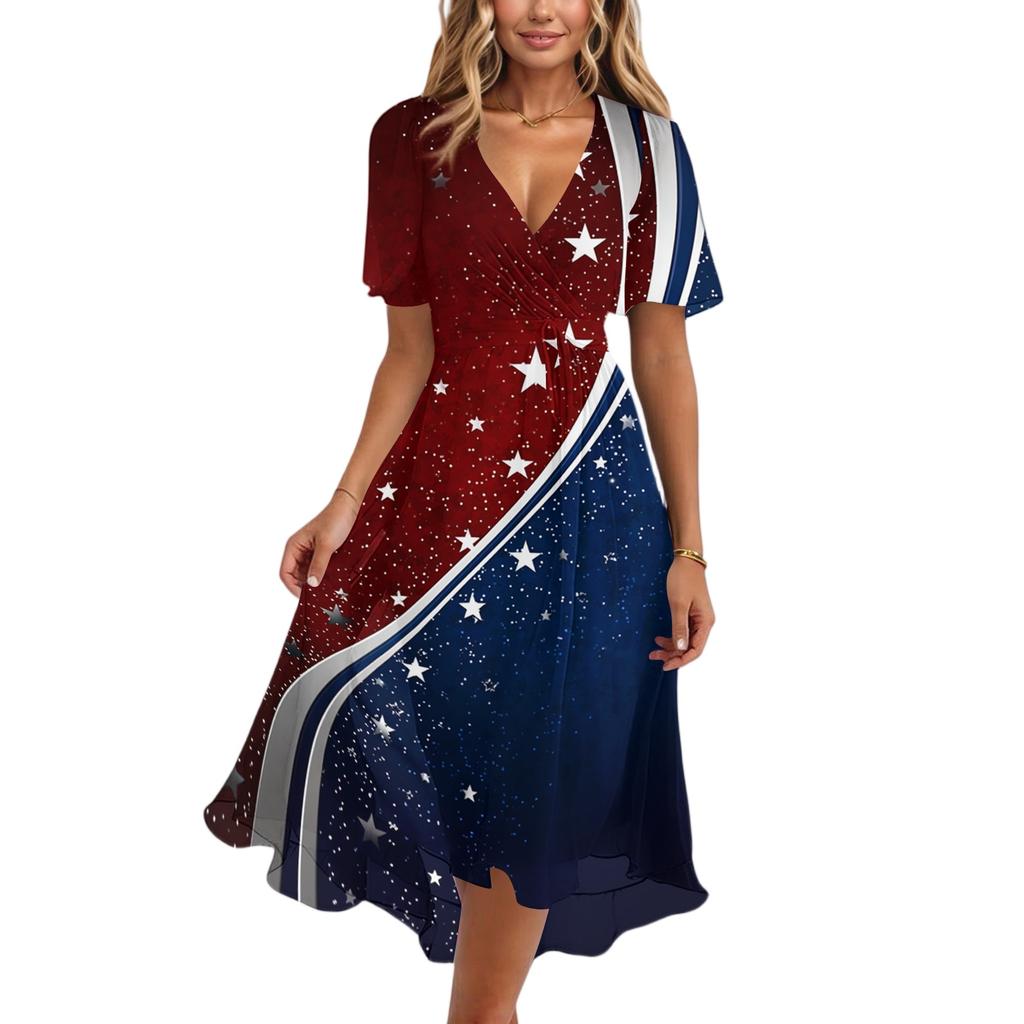 Women's Casual V Neck Short Sleeve Dress with Independence Day Stars and Stripes Print Wrap Style Midi Dress for Summer