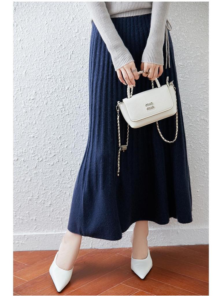 100% Wool Drapey A-Line Pleated Midi Skirt - Slimming and Large Swing Design for Spring and Autumn