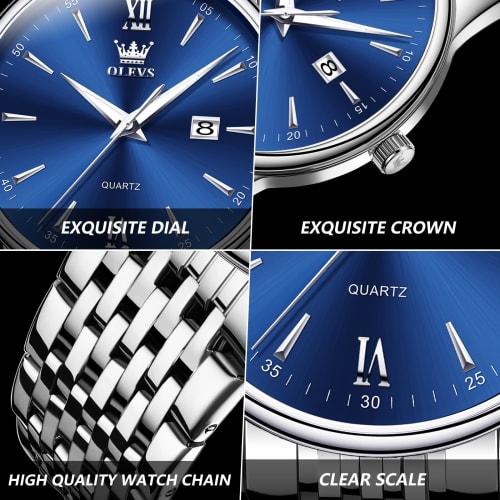 OLEVS Men's Waterproof Analog Quartz Watch with Silver Stainless Steel Band, Pressure Resistant, Easy to Read, Casual