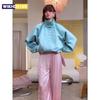 Jaqueta Oversized de Couro Sintético Feminina Manga Longa Bufante Gola Alta Cropped com Zíper Casaco Minimalista Solto Roupa Exterior de Couro PU 2026