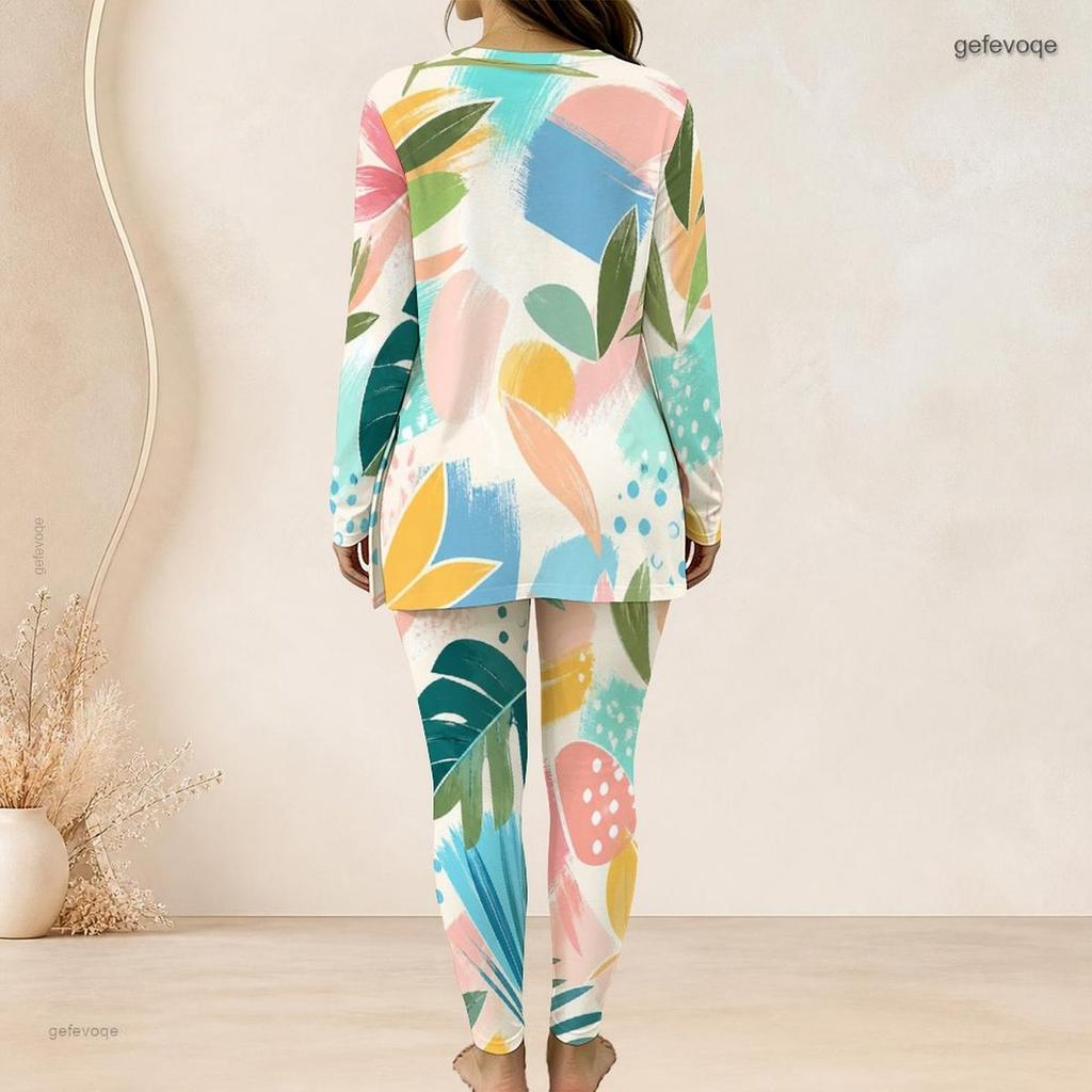 Women Plus Size Printed Half Zip Long Sleeve Longline Top Fitted Pants Two Piece Set