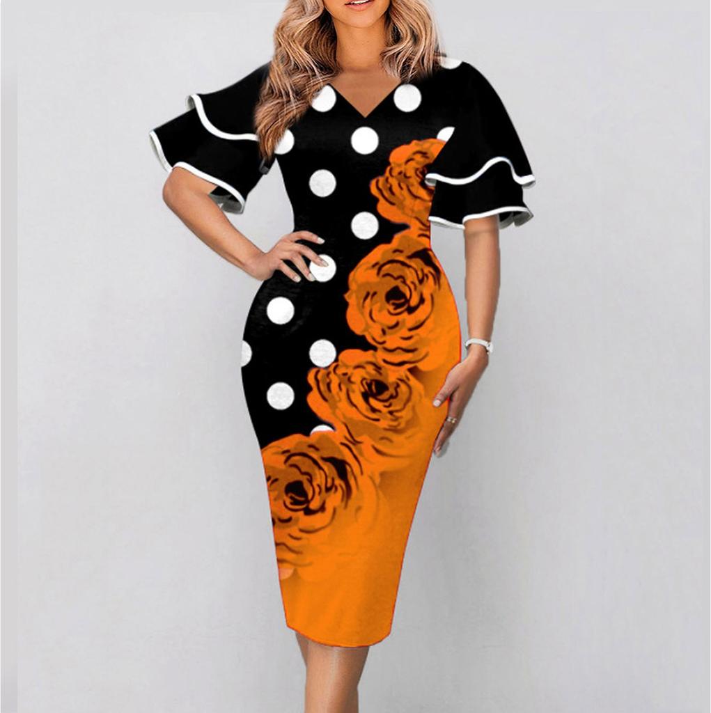 Women's Fashion Casual V-neck Flared Sleeves Large Size Printed Waist Slimming Short-sleeved Dress