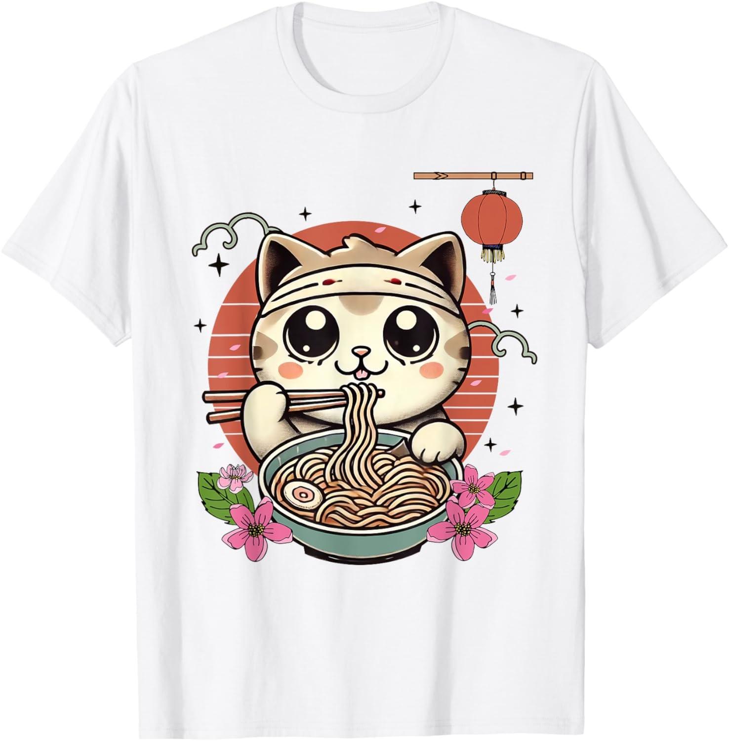 Cat Ramen Japanese Graphic Kawaii Cute Cat Anime Funny T-Shirt S