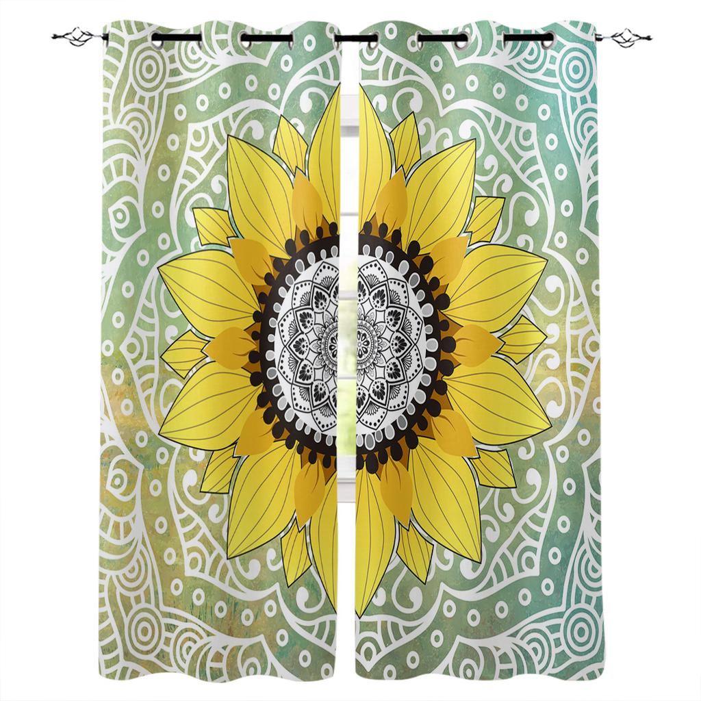 Sunflower And Mandala Teal Green Kitchen Curtains Bedroom Decor Items Curtain Panel Window Curtains for Living Room