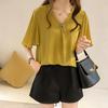 Women V Collar Medium Sleeve Chiffon Blouse T-shirt