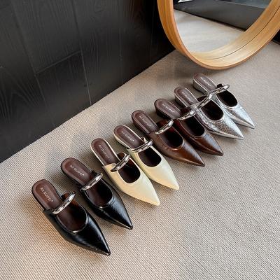 Sommer Retro Mary Jane Damen Hausschuhe Spitz zulaufend Niedrige Muller Schuhe 2026Frau Metallknopf Frühling Französischer Designer Kleider Schuhe