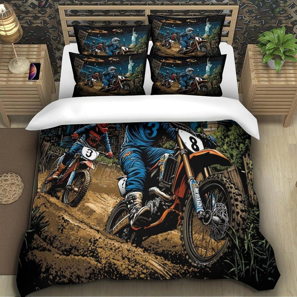 Dirt Bike 3D-Druck Bettbezüge, Motorrad Weiches Mikrofaser Bettwäscheset Und Kissenbezug Versteckter Reißverschluss Für Kinder Jugendliche Einzel