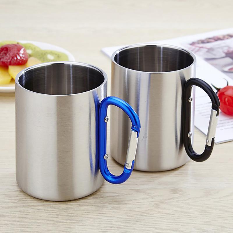 220Ml Camping Travel Stainless Steel Cup Carabiner Hook Handle Picnic Water Mug Outdoor Travel Hike Cup