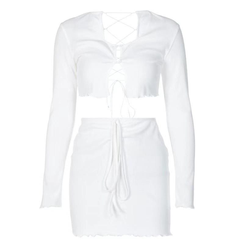 Tooxika New Spring And Summer Long Sleeve Cross Strap Navel Exposed T-shirt Short Skirt Set