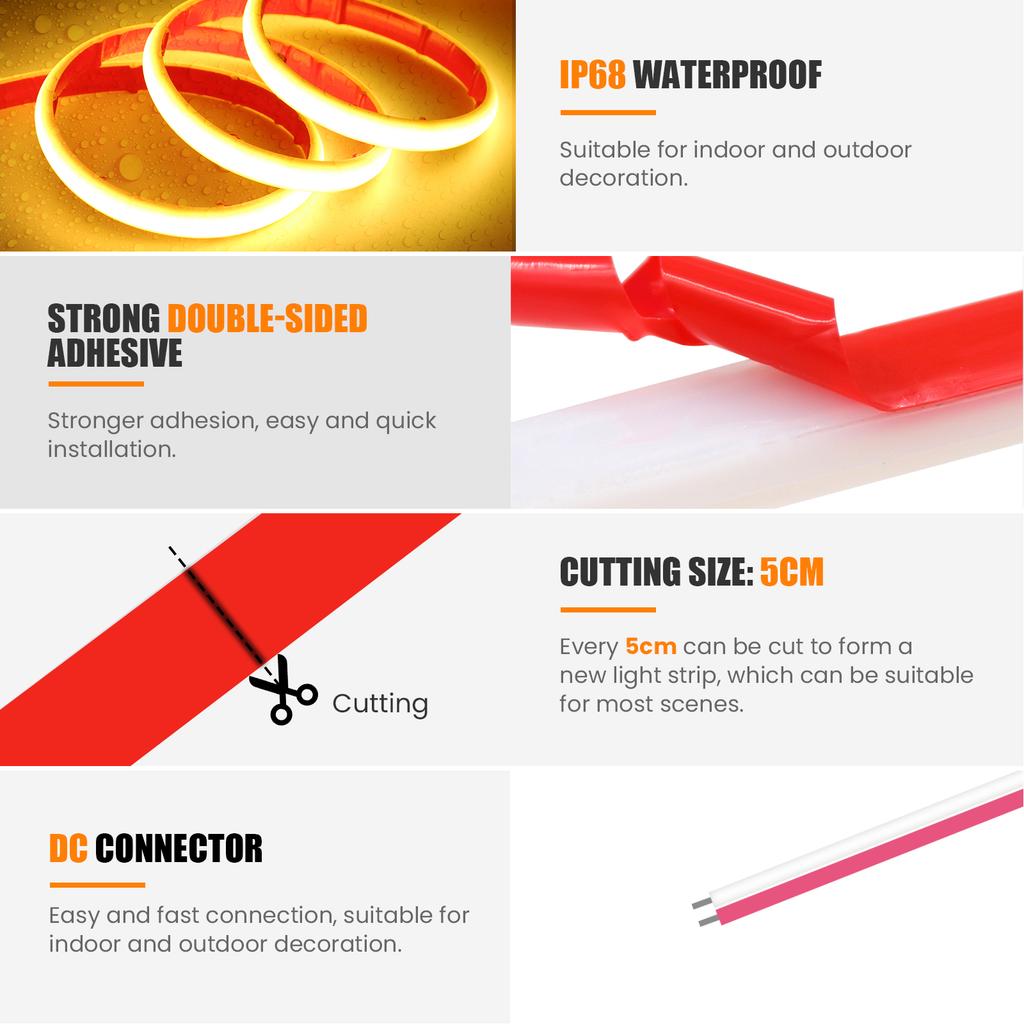 IP68 Waterproof COB LED Strip Light 12V 24V Flexible LED Neon Tape 320LEDs/m High Density Linear Light Outdoor Swimming Pool