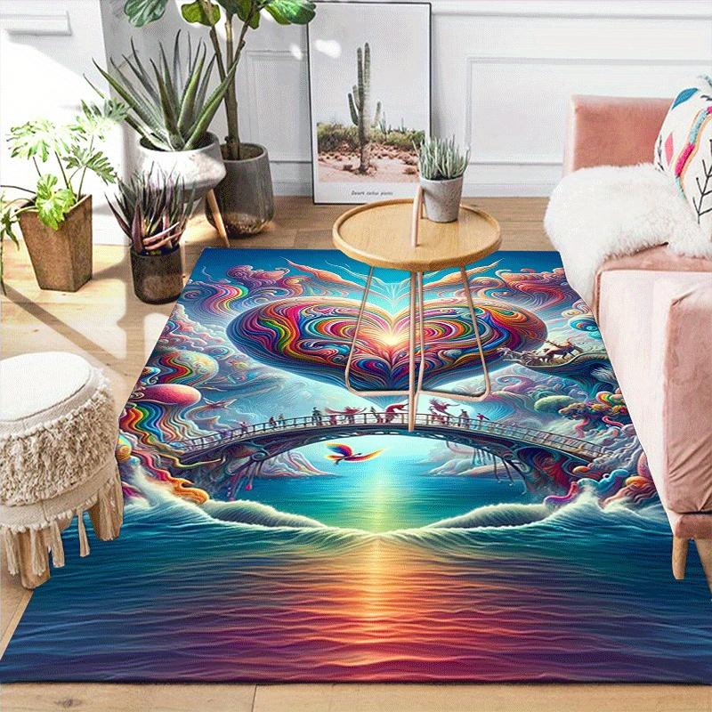 1pc Colorful Clouds Love Heart Design Area Rug - Soft, Anti-Slip, and Durable Gaming Room Decor for Bedroom