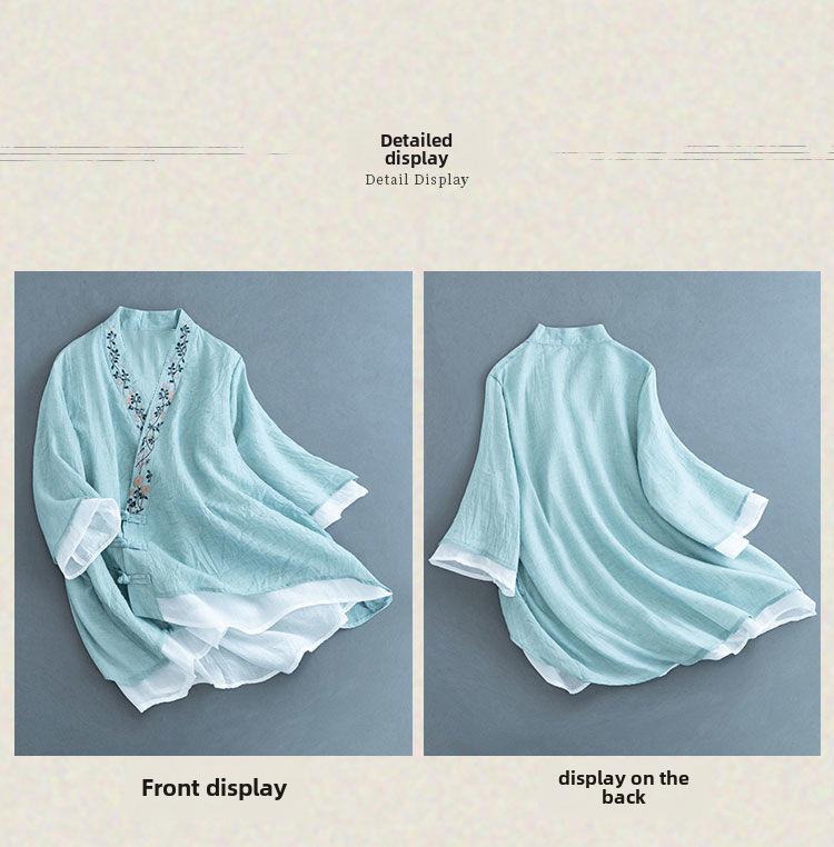 Women's V-Neck Cotton & Linen Shirt - Loose Fit, Short-Sleeve, Spring/Summer 2024 Collection