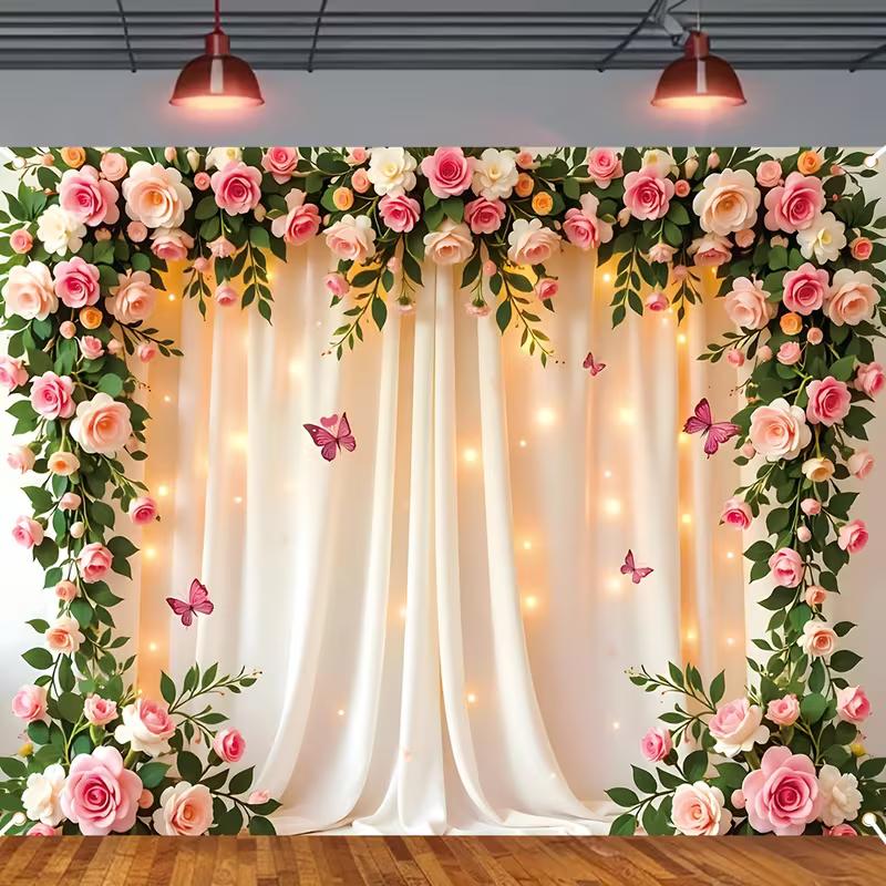 

2D Party Curtain Backdrop, 2D Flat Printing Rose Arch with Lights for Birthday & Events 47.2x31.5inch/120*80cm
