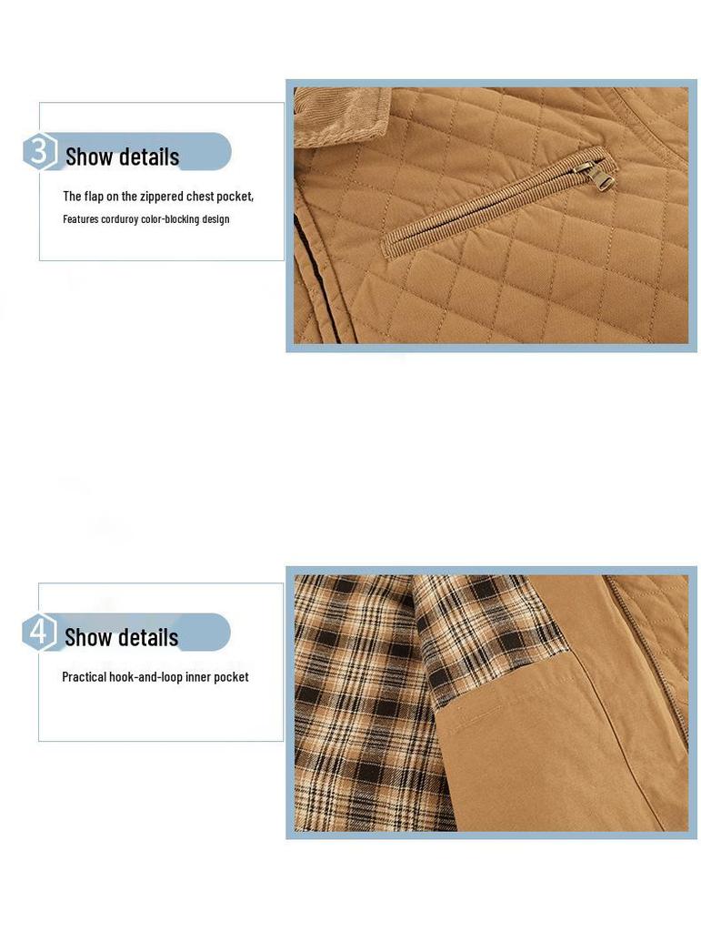 Męska pikowana kurtka z bawełnianego płótna, rozmiar amerykański, pogrubiona ciepłym flanelą