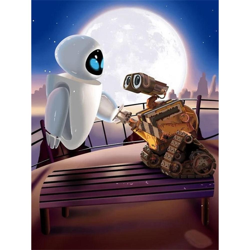 Disney Diamond Painting WALL E EVE Holding Hands Under The Moon 5D DIY Rhinestone Diamond Embroidery Cross stitch Home and Wedding Decorations Round 20x30cm