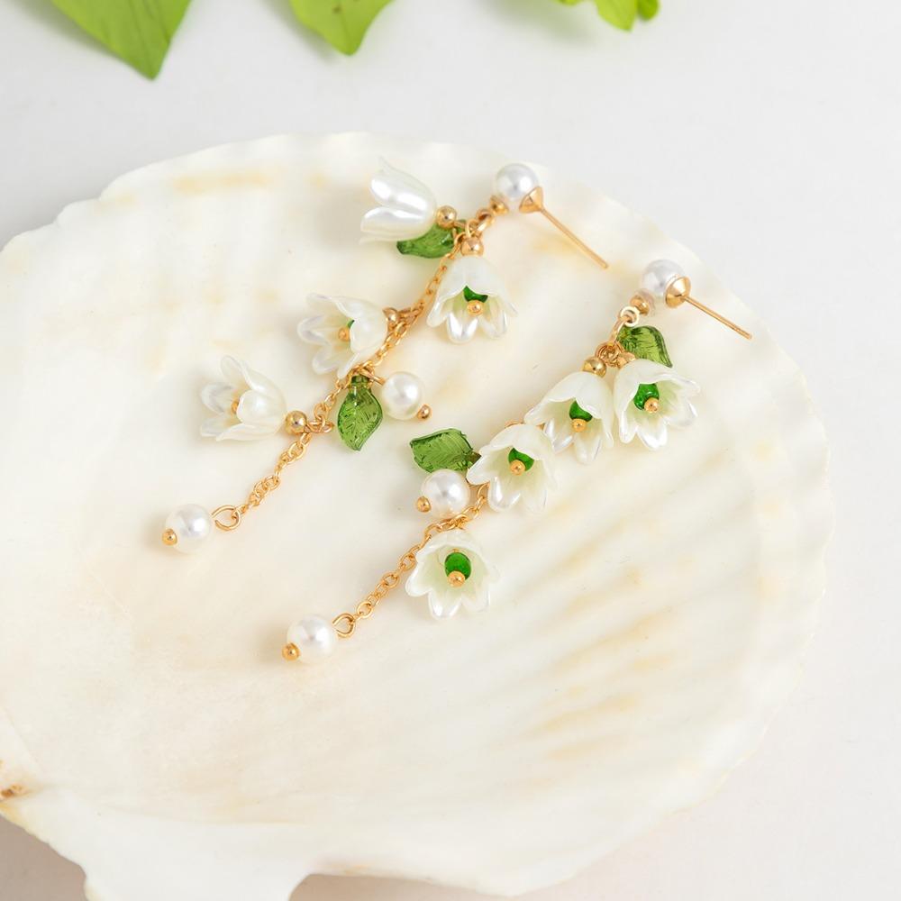Pearl Flowers Jewelry Set Hand Chain May Bells Earrings Chic Lilies of The Valley Necklace  Women
