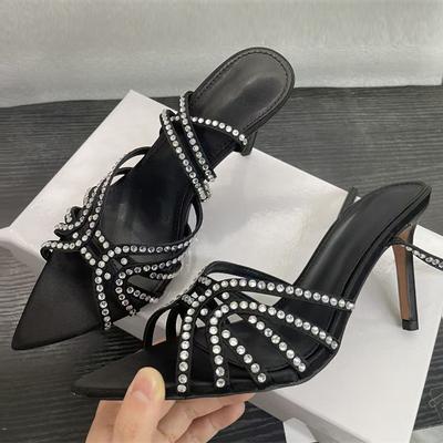 Liyke Fashion Sequined Crystal Women Sandals Elegant Pointed Open Toe Gladiator High Heels Party Dress Shoes Sandalias Mujer