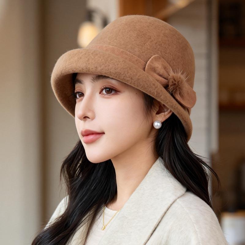 Middle-aged and elderly mother autumn and winter wool top hat women's bow hairball basin hat retro crimped bucket hat thermal hat