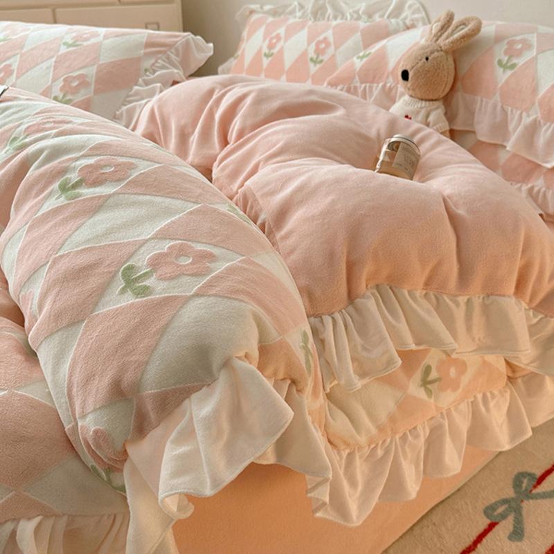 Double-Sided Thickened Milk Coral Fleece Bed Four-Piece Set Flannel Bedding Bed Skirt Fleece Sheet Quilt Cover