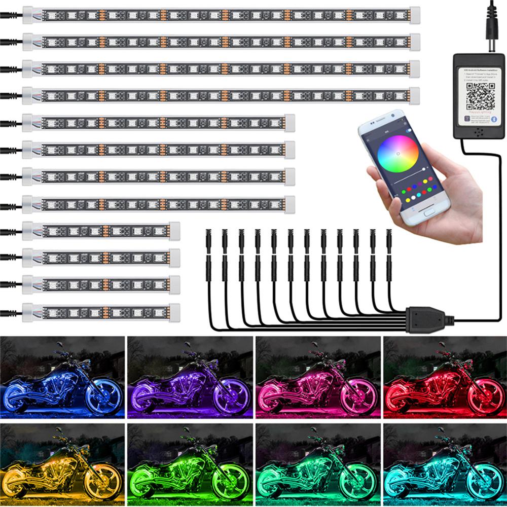 12X Motorcycle RGB APP Music Control LED Light Kit Decorative Ambient Lamp Strip