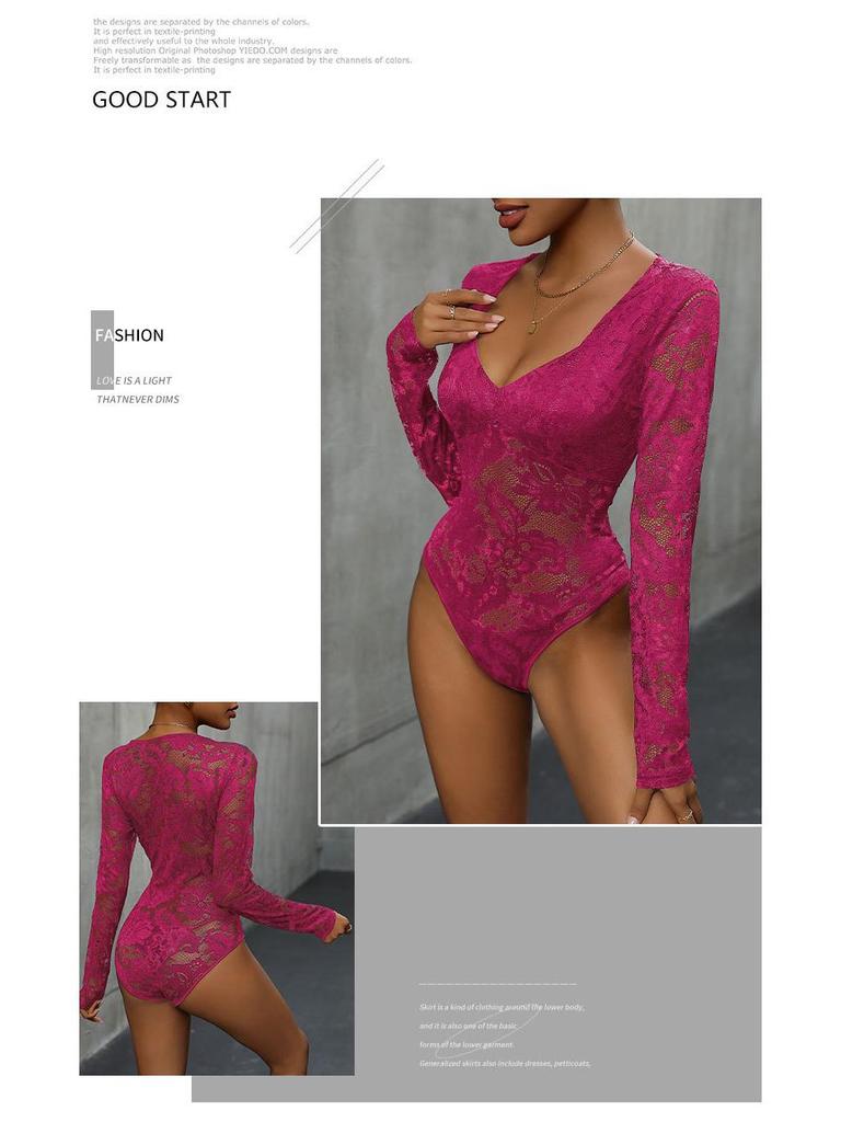 Body da Donna con Scollo Quadrato e Patchwork di Pizzo - Sexy Monopezzo a Manica Lunga