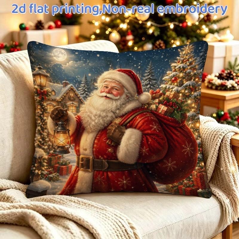 1pc 2D Flat Printed Santa Claus Christmas Pillowcase, Single-sided Print, Pillow Insert Not Included, Zipper Closure, Size 45x45cm/18x18 Inches, Festi