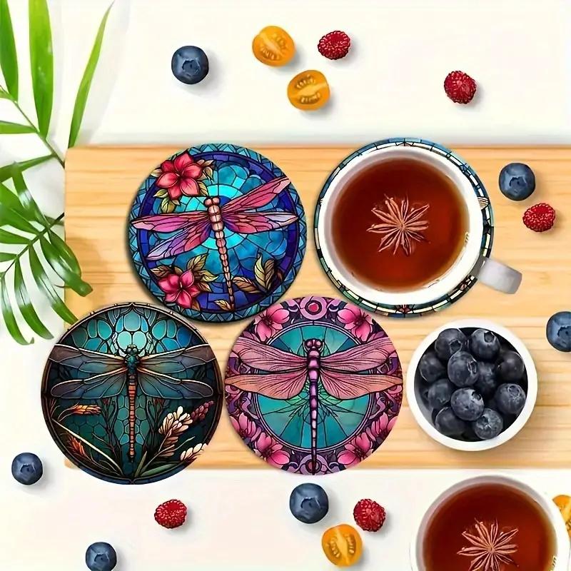 6 Piece Set of Dragonfly Art Coaster Set Non-slip Heat Resistant Perfect Choice for Home Decoration and Gifts
