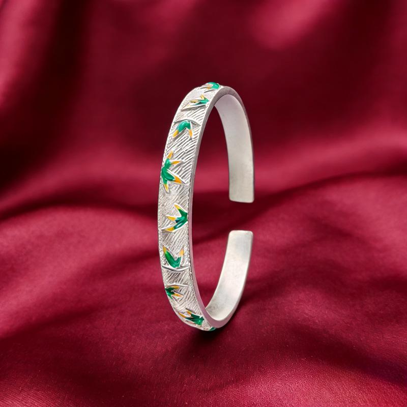 

Enamel Color Bamboo Design 999 Sterling Silver Openable Bracelet for Women - Chinese Retro Style, Light Luxury Ethnic Gift Thickened White Copper Electroplated