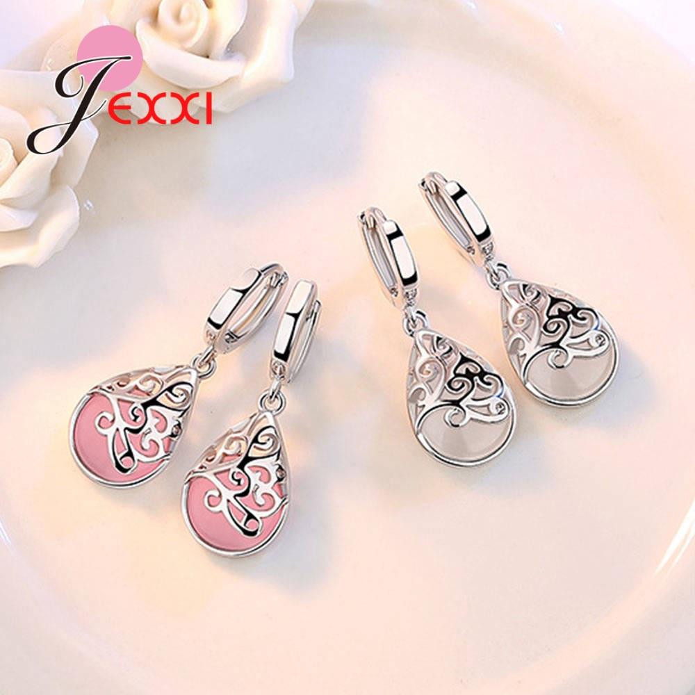 Original Real 925 Sterling Silver Jewelry Water Drop Opal Cat Stone Hollow Tear Design Earrings For Women Ladies розовый