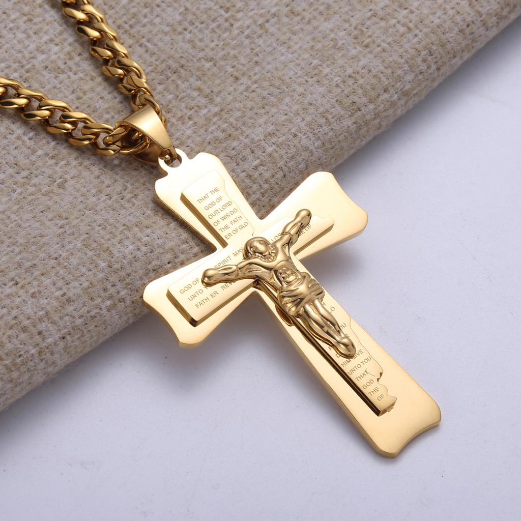 Heavy Big Jesus Cross Stainless Steel Pendant for Men Christian Crucifix Chain Necklace Religious Gold Color Jewelry Collar