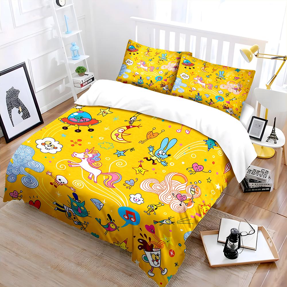 Cartoon Fantasy Elements Yellow Background Print Bedding Set 1Duvet Cover 2 Pillowcases For Adult Children Luxury Gift Full Size