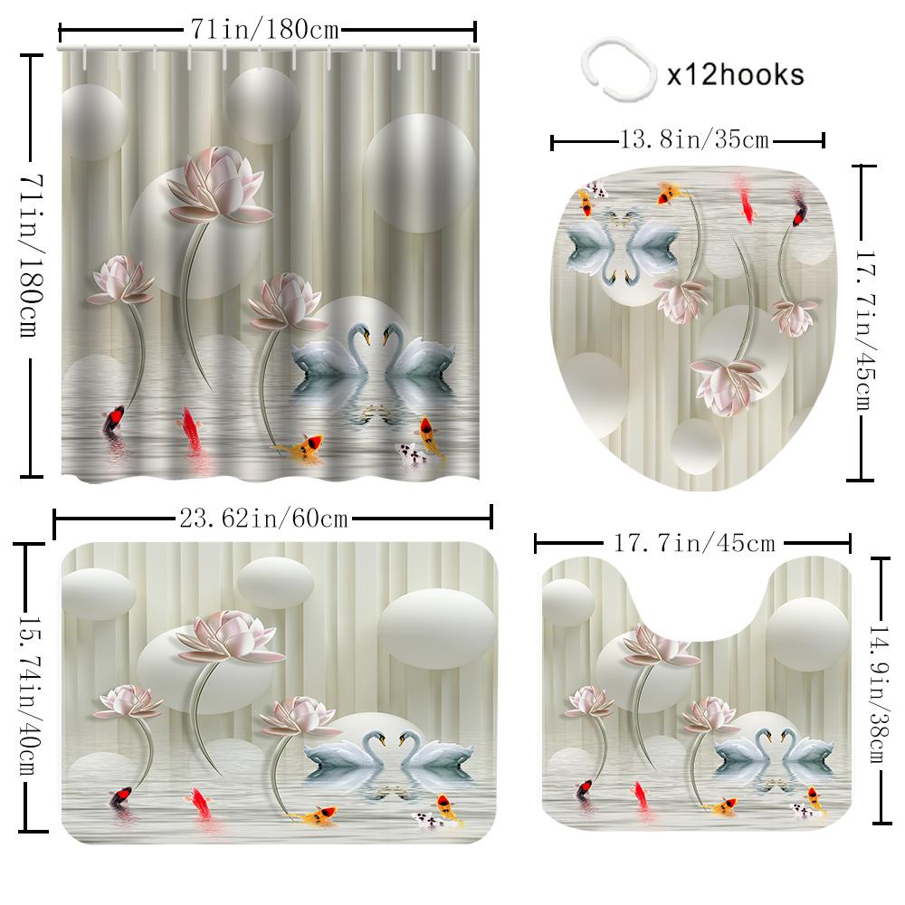 1/4 Flowers Swan Curtains, Toilet Seat Decoration, Shower Curtain with Carpet and Toilet Lid, 12 70.8x70.8 Inch Hooks