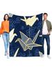Japanese Origami Crane Blanket, Soft Cozy Flannel Throw For Sofa Bed, Living Room Home Decor, Golden Blue Floral Unique Aestheti